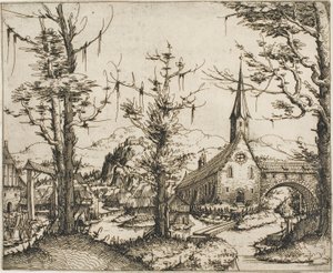 Landschap met een kerk en overdekte brug door Augustin Hirschvogel