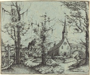 Landschap met een dorpskerk door Augustin Hirschvogel