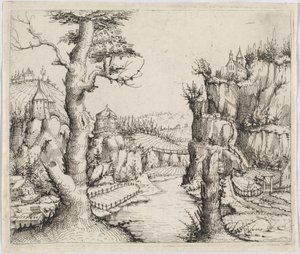 Rivierlandschap met Hoge Kliffen door Augustin Hirschvogel