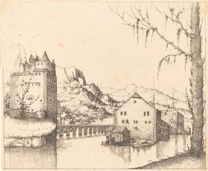 Rivierlandschap met eilandhuizen door Augustin Hirschvogel