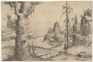 Rivierlandschap met grote boom aan de linkerkant, 1546 door Augustin Hirschvogel
