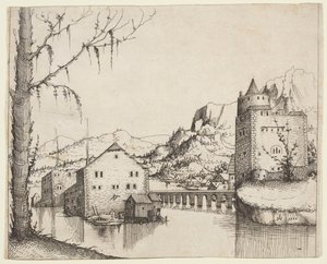 Rivierlandschap met Twee Gebouwen Verbonden door een Brug door Augustin Hirschvogel