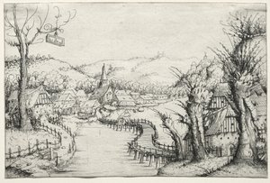Rivierlandschap met drie kale wilgen rechts en een lange kronkelende houten brug in het midden die naar een dorp leidt door Augustin Hirschvogel