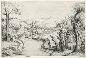 Rivierlandschap met drie kale wilgen rechts en een lange kronkelende houten brug..., 1546 door Augustin Hirschvogel