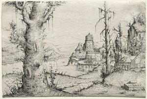 Rivierlandschap met grote boom links door Augustin Hirschvogel