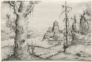 Rivierlandschap met grote boom links, 1546 door Augustin Hirschvogel
