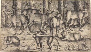 Herten in het bos door Augustin Hirschvogel