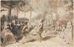 Gekostumeerde dansers die optreden in een tuinherberg, 1756