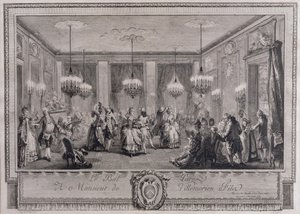 Het Avondjurkbal in het Huis van Monsieur de Villemorien Fila, gegraveerd door L. Provost door Augustin de Saint Aubin