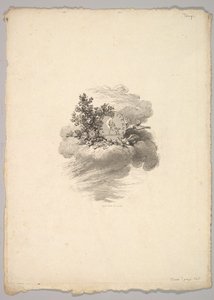 Vignet met munt op een wolk met rozen links en duiven beneden en rechts door Augustin de Saint Aubin
