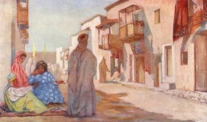 Een straat in Biskra (kleurenlitho) door Augustine Fitzgerald