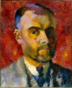 Zelfportret van Augusto Giacometti tegen een rode achtergrond