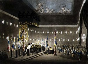 Restanten van Lord Viscount Nelson in Staat in de Painted Chamber in Greenwich Hospital, gegraveerd door J. Merigot, uitgegeven 1806 (kleurengraving) door Augustus Charles (after) Pugin