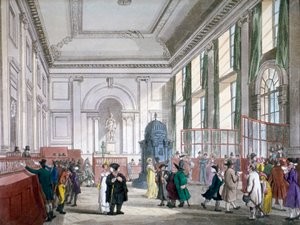 De Grote Hal bij de Bank of England, City of London, 1809, met klanten en medewerkers door Augustus Charles Pugin, Thomas Rowlandson