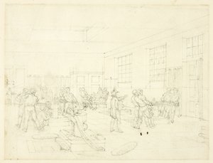 Studie voor De Munt, van Microkosmos van Londen (recto); Schets van binnenplaats (verso) door Augustus Charles Pugin