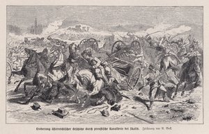 Oostenrijkse kanonnen veroverd door Pruisische cavalerie bij de Slag om Skalitz, Bohemen, Oostenrijks-Pruisische Oorlog door Augustus J. Beck