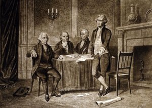 Leiders van het Continentaal Congres 1775: John Adams, Robert Morris, Alexander Hamilton, Thomas Jefferson, tekening door Augustus Tholey (1894) door Augustus Tholey