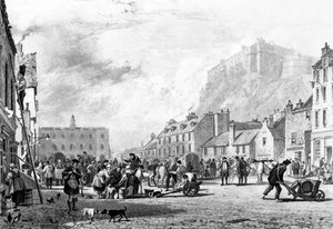 Het kasteel vanaf de Grass Market, Edinburgh, geëtst door George Cooke en Henry Le Keux, 1820