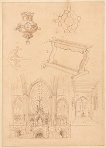 Ontwerpen voor Gotische Ornamenten, een Knieler, en Twee Schetsen van de Interieurs van Gotische Kerken
