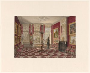 19e eeuws interieur met schilderijen en staande figuur door Augustus Wijnantz