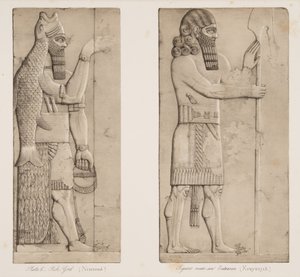 Visgod (Nimroud) en figuur bij een ingang (Kouyunjik), uit Monumenten van Nineveh, uitgegeven 1849