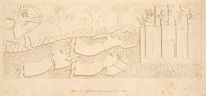 Vluchtelingen steken een rivier over naar een kasteel, uit Monumenten van Nineveh, uitgegeven 1849 door Austen Henry Layard