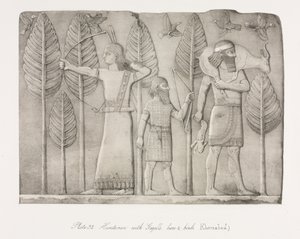 Monumenten van Nineveh: Plaat 32, Jagers met gazelle, haas en vogels Khorsabad, 1853 door Austen Henry Layard