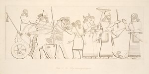 De koning ontvangt gevangenen, uit Monumenten van Nineveh, uitgegeven 1849 door Austen Henry Layard