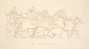 Krijgers vechten in strijdwagens, uit Monumenten van Nineveh, uitgegeven 1849