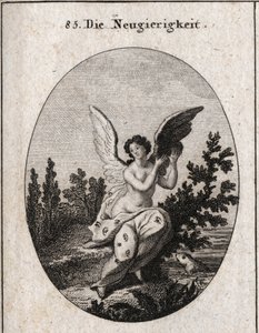 Allegorie van nieuwsgierigheid. Gravure in "Iconologie oder Ideen aus dem Gebiete der Leidenschaften und Allegorien bildich dargestellt fur Zeichner, Mahler"