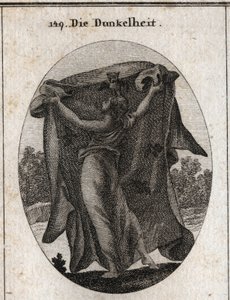 Allegorie van duisternis. Ze spreidt een donker sluier uit waarmee ze het binnendringen van licht verhindert. Haar attributen zijn de uil en andere nachtvogels. Gravure in 