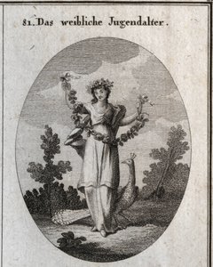 Allegorie van adolescentie (tienermeisje) voorgesteld door een jonge vrouw met een kroon en een bloemenkrans om gelukzaligheid aan te duiden. De pauw symboliseert de liefde voor versiering. Haar voet staat op een zandloper. Gravure in 