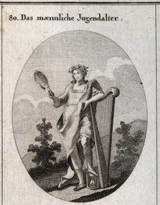 Allegorie van adolescentie. Gravure in "Iconologie oder Ideen aus dem Gebiete der Leidenschaften und Allegorien bildich dargestellt fur Zeichner, Mahler"
