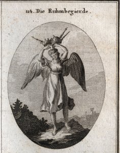 Allegorie van ambitie. Haar vleugels markeren haar neiging om te stijgen en haar overmoed wordt weergegeven door verschillende soorten kronen en scepters. De blinddoek benadrukt haar gebrek aan onderscheidingsvermogen en haar blindheid voor alles wat ze de door Austrian School