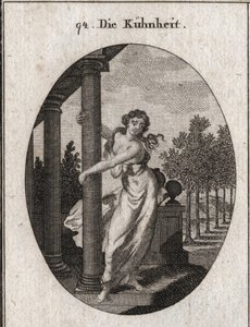 Allegorie van durf die een kolom omhelst die een gebouw ondersteunt, terwijl ze probeert het neer te halen; Gravure in 