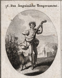 Allegorie van bloedteint. De geit die druiven eet toont aan dat bloed wordt gebracht naar de geneugten van liefde en bacchus. Gravure in 