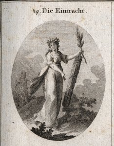 Allegorie van concordie afgebeeld met een kroon van granaatappels, embleem van eenheid. De olijftak en een symbool van vrede en de bundel stokken strak samengebonden markeren de kracht van verenigde krachten.