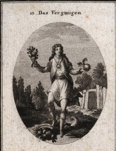 Allegorie van tevredenheid voorgesteld door een jonge man die met één hand een gouden appel vasthoudt en met de andere een boeket bloemen. Ze tonen aan dat alles wat hem omringt deelneemt aan zijn vreugde, die wordt gesymboliseerd door de robijn die op zij