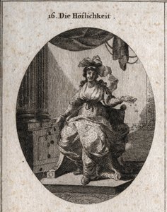 Allegorie van hoffelijkheid, voorgesteld door een rijke, sierlijke en glimlachende vrouw die geld en sieraden uitdeelt. Gravure in “Iconologie oder Ideen aus dem Gebiete der Leidenschaften und Allegorien bildich dargestellt für Zeichner, Mahler, Dichter, G door Austrian School
