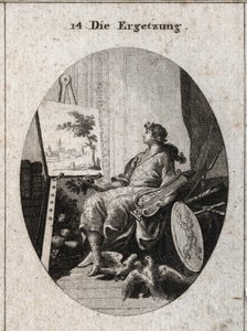 Allegorie van genot voorgesteld door een jonge man met een lier naast een schilderij met fruit, boeken, wapens en twee duiven die elkaar strelen, alles symboliseert de charme van de zintuigen. Gravure in 