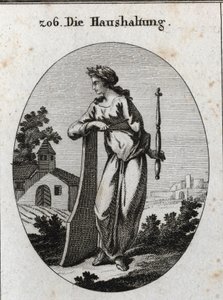Allegorie van economie. Ze is gekroond met een olijftak die vrede symboliseert. Ze leunt op een roer en houdt een scepter en kompas vast, symbolen van macht en het exacte bestuur. Gravure in 