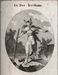 Allegorie van fout in een wankele houding met een blinddoek en ezelsoren om aan te geven dat blindheid en onwetendheid de bronnen van fouten zijn. Ze gaat richting een afgrond, tastend met haar stok. Gravure in 