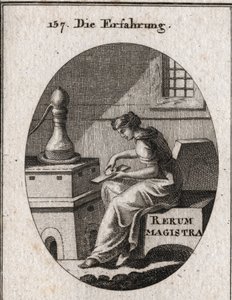 Allegorie van ervaring die het resultaat is van studie en tijd. Ze probeert goud op een sleutelplaat. Gravure in 