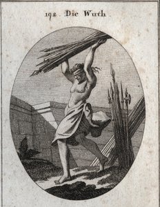 Allegorie van woede. Met een blinddoek gooit ze een bundel van verschillende soorten wapens om haar triomf in de oorlog, slachtingen en gevechten te markeren. Gravure in "Iconologie oder Ideen aus dem Gebiete der Leidenschaften und Allegorien bildich darge