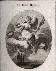 Allegorie van glorie op een wolk. Ze houdt een palm vast en presenteert lauwerkransen waarmee ze haar favorieten beloont. Haar vleugels markeren haar verheffing. Gravure in 