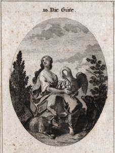 Allegorie van goedheid vertegenwoordigd door een nobele en overvloedige schoonheid die met liefde naar de hemel kijkt. Pelikaan symboliseert liefdadigheid, hond trouw en lam, zachtheid. Gravure in 