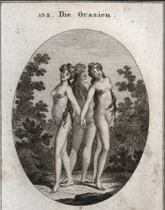 Allegorie van gratie. De drie gratiën: Euphrosine die vreugde en tevredenheid betekent, Aglaya die imposante schoonheid symboliseert en Thalia die genot betekent. Gravure in 