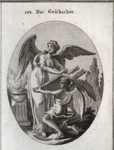 Allegorie van geschiedenis. Haar handelingen van luisteren en schrijven in een groot boek ondersteund door de tijd betekenen de handeling van geïnformeerd worden om het geheugen van voorbijgaande dingen te herschrijven. Gravure in 