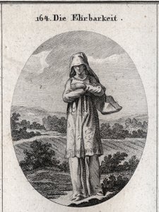Allegorie van eerlijkheid. Haar ogen zijn bedekt met een sluier die de helft van haar gezicht verbergt omdat de ogen de spiegel van de ziel zijn en het eerste zintuig waardoor ze zichzelf corrumpeert. Gravure in 