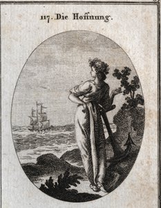 Allegorie van hoop rust op een anker en observeert een schip aan de horizon. Gravure in 